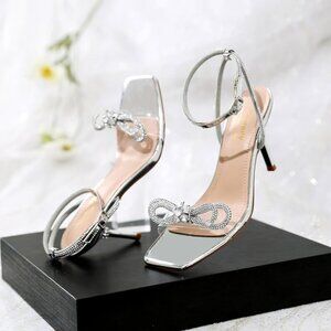 Women's Silver+bl Closed Toe Rhinestone Wedding Low Slingback Clear Kitten Heels